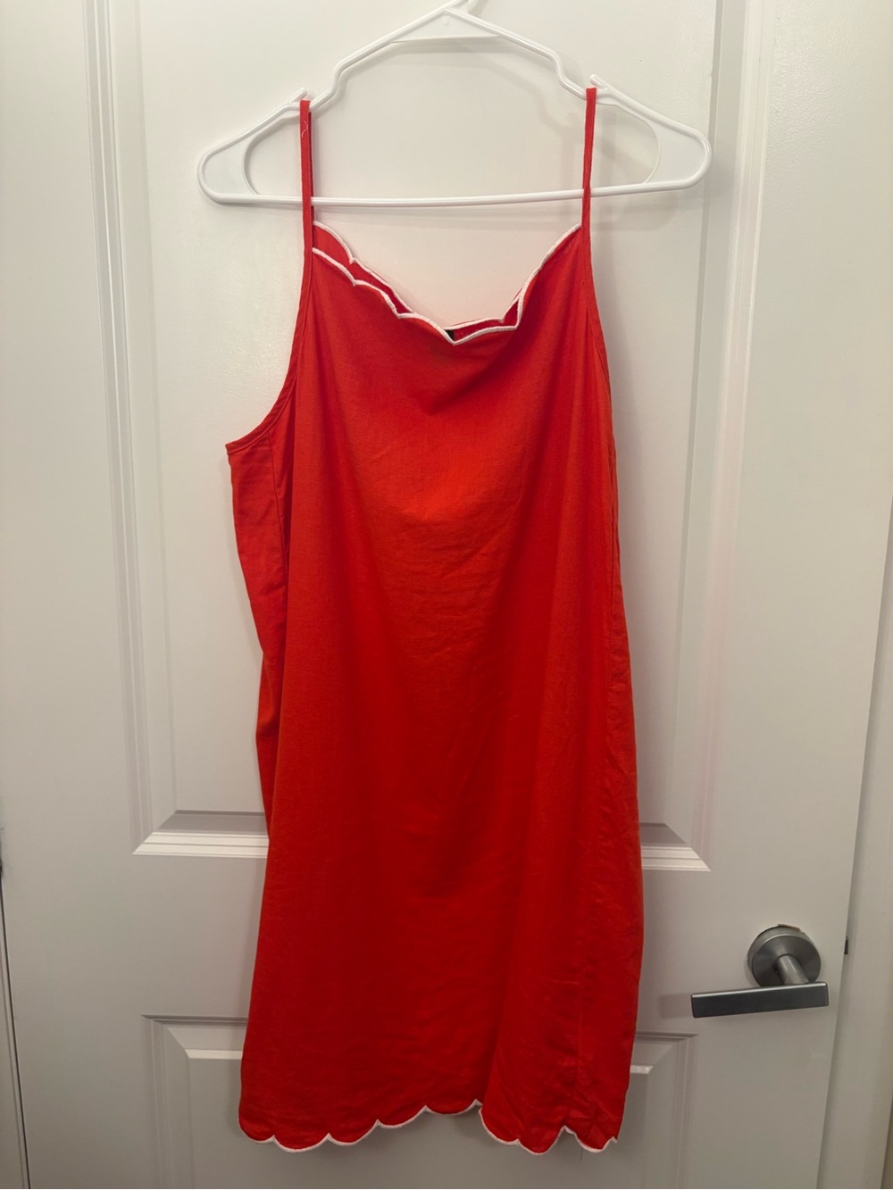 Coral coloured, Scalloped-Edge Apron-Neck Mini Shift Dress